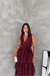 Kadın bordo kruvaze yaka kat kat kuşaklı midi boy elbise DPK4674