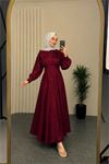 Kadın bordo belden oturtmalı çiçek detaylı premium tesettür elbise DPVQ4933