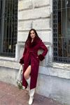 Neşeli butik kadın bordo bilek ve yaka kürk detaylı tam boy kaşe kaban NBSTR1033
