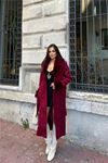 Neşeli butik kadın bordo bilek ve yaka kürk detaylı tam boy kaşe kaban NBSTR1033