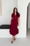 Kadın bordo V yaka midi boy düğme detaylı kısa kol elbise DPK4612