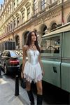kadın beyaz saten kumaş tül etek mini boy askılı elbise