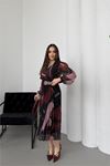 Kadın bordo astarlı şifon piliseli kemerli midi elbise DPELB04