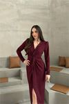 Kadın bordo anvelop büzgülü simli premium midi elbise DPELB08