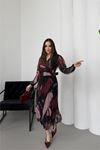 Kadın bordo astarlı şifon piliseli kemerli midi elbise DPELB04