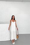 Neşeli butik kadın beyaz askılı içi astarlı kaş keten elbise NBG017