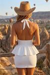 Kadın beyaz halter yaka taş detaylı mini boy dalgış kumaş peplum elbise DPDF265