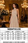 Neşeli butik kadın taş rengihalter yaka janjan kumaş premium abiye elbise NBMY4128