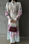 Neşeli butik kadın çiçek desenli kemerli tasarım elbise NBMS4263