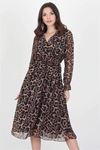 Neşeli butik kadın yakası bağlama dertaylı leopar şifon elbise RSSN07
