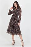 Neşeli butik kadın yakası bağlama dertaylı leopar şifon elbise RSSN07