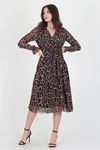Neşeli butik kadın yakası bağlama dertaylı leopar şifon elbise RSSN07