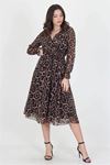 Neşeli butik kadın yakası bağlama dertaylı leopar şifon elbise RSSN07