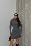Neşeli butik kadın antrasit fitilli mini triko elbise NBDM1208