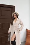 Kadın premium kuşaklı reglan kol düğmeli bej kaşe kaban DPKBN01