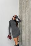 Neşeli butik kadın antrasit fitilli mini triko elbise NBDM1208