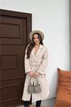 Kadın premium kuşaklı reglan kol düğmeli bej kaşe kaban DPKBN01