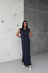 Neşeli butik kadın vatkalı yırtmaç detaylı modal elbise NBG010