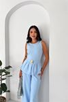 Neşeli butik kaldın bebe mavi kolsuz gold toka detaylı peplum kesim preium tulum NBK4637