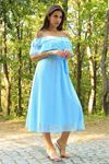 kadın bebe mavisi kuşaklı madonna yaka baby shower elbise DP8060