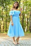kadın bebe mavisi kuşaklı madonna yaka baby shower elbise DP8060