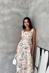 Kadın ekru kare yaka çiçek desenli kolsuz beli oturan midi elbise DPK4670