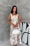Kadın ekru kare yaka çiçek desenli kolsuz beli oturan midi elbise DPK4670