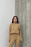 Neşeli butik kadın camel fitilli balıkçı yaka alt üst triko takım NBDM1215