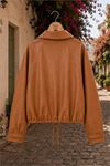 Kadın camel modern duruşlu çıtçıt detaylı oversize suni deri ceket DPHT02