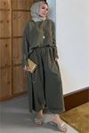Kadın haki asimetrik tunik pantolon oversize tesnsel tesettür takım NMS104