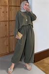 Kadın haki asimetrik tunik pantolon oversize tesnsel tesettür takım NMS104