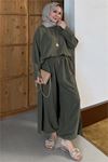 Kadın haki asimetrik tunik pantolon oversize tesnsel tesettür takım NMS104
