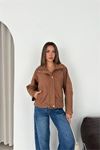 Kadın camel dik yaka çıtçıtlı süet görünümlü bomber ceket DPK010