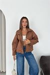 Kadın camel dik yaka çıtçıtlı süet görünümlü bomber ceket DPK010