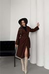 Kadın premium kuşaklı reglan kol düğmeli kahverengi kaşe kaban DPKBN01