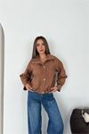 Kadın camel dik yaka çıtçıtlı süet görünümlü bomber ceket DPK010