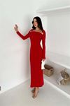 Kadın kayık yaka gol aksesuarlı elbise DPK4386