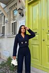 Kadın lacivert tüvit kumaş gol düğmeli crop ceket pantolon ikili takım DPSTR1028