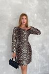 Neşeli butik kadın kemerli bisiklet yaka leopar desenli mini elbise NBK2162