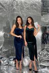 Neşeli butik kadın kadife taş işlemeli abiye elbise NBEMP2554