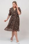 Neşeli butik kadın kruvaze yaka midi boy büyük beden leopar Desenli şifon elbise NB80622