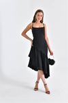 Neşeli butik kadın siyah askılı asimetrik abiye elbise NBSWLL11