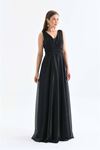 Neşeli butik kadın siyah v yaka simli tül abiye elbise NBS9223