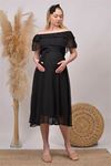 Neşeli butik kadın siyah midi boy madonna yaka şifon hamile elbisesi HML8060