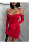 Neşeli butik kadın kırmızı volanlı mini kol fırfırlı elbise NBDF094