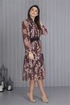 Neşeli Butik Kadın Kahverengi Kemerli Leopar Desenli Şifon Elbise Apcx04
