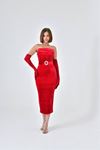 Neşeli butik kadın straplez eldivenli fransız kadife abiye elbise NBS9334