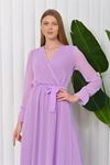 Neşeli butik kadın kuşaklı uzun şifon elbise NB003 - Lila