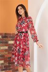 Neşeli butik kadın kırmızı kemerli çiçek desenli şifon elbise RY0031