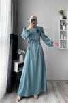 Neşeli butik kadın saten taş detaylı tesettür elbise NMS050